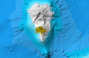 Locations of recent quakes under La Cumbre Vieja volcano, La Palma island