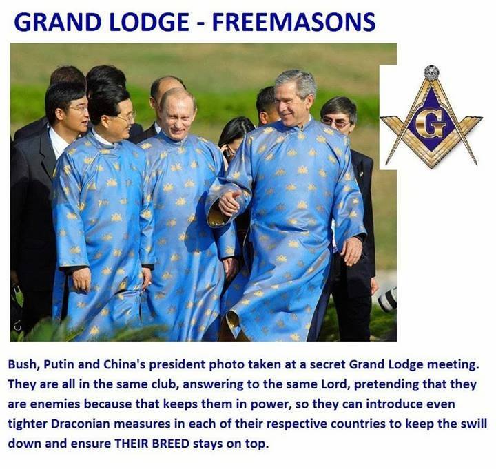 Grand Lodge Freemasons George W. Bush, Vladimir Putin, and Xi Jinping wearing Freemason robes