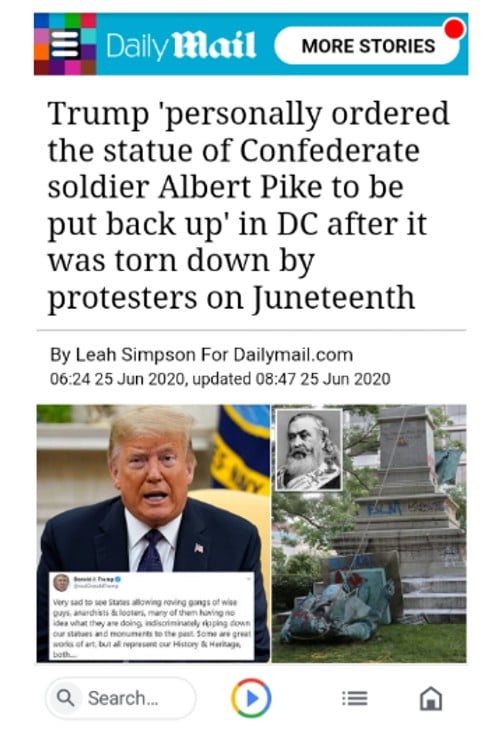 Trump 'personally ordered the statue of Confederate soldier Albert Pike to be put back up' in DC after it was torn down by protesters on Juneteenth