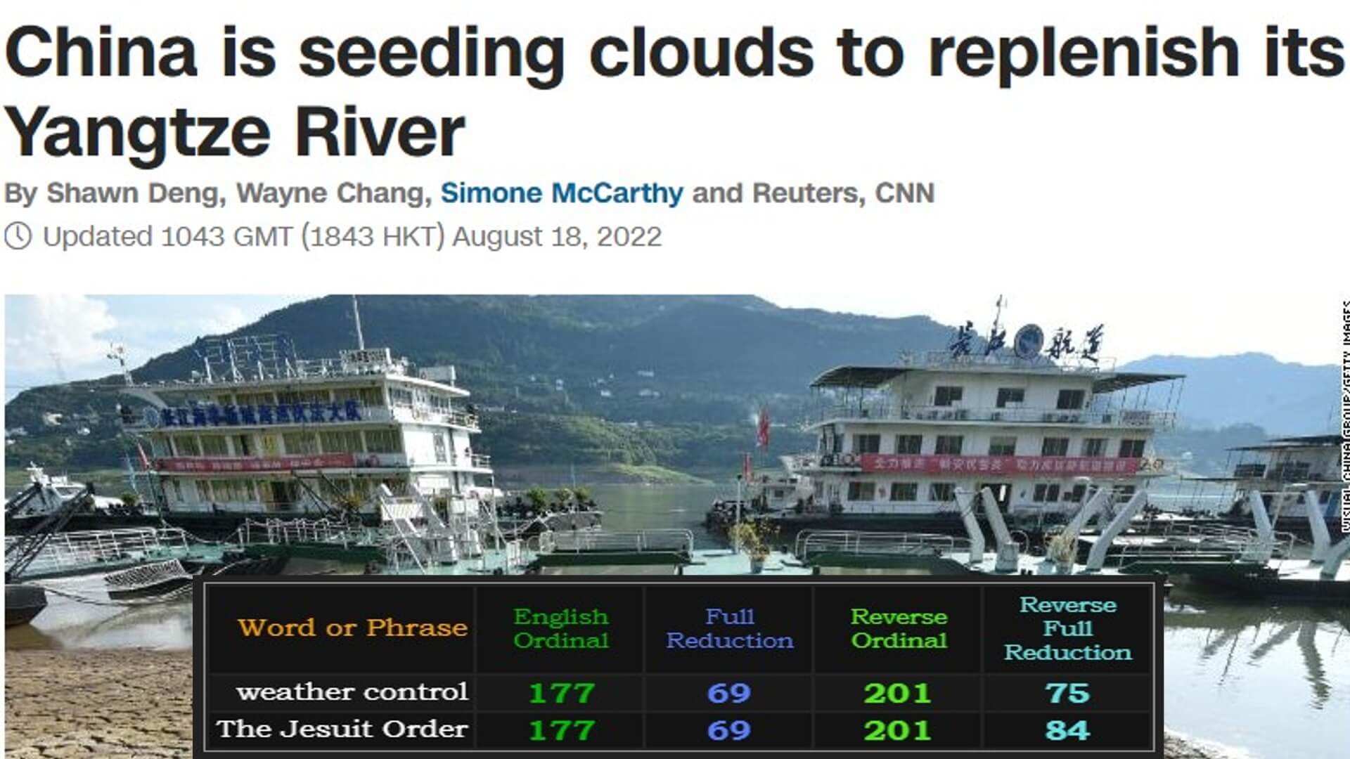 China is seeding clouds to replenish its shrinking Yangtze River - Weather control Gematria