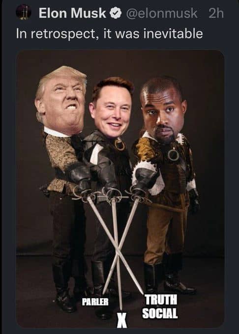 Elon Musk posted this on Twitter, then deleted it - Trump Elon Musk Kanye West trio
