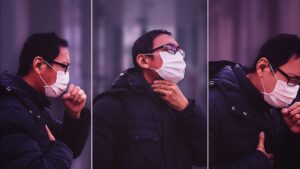 man wearing face mask - coughing, throat, sick