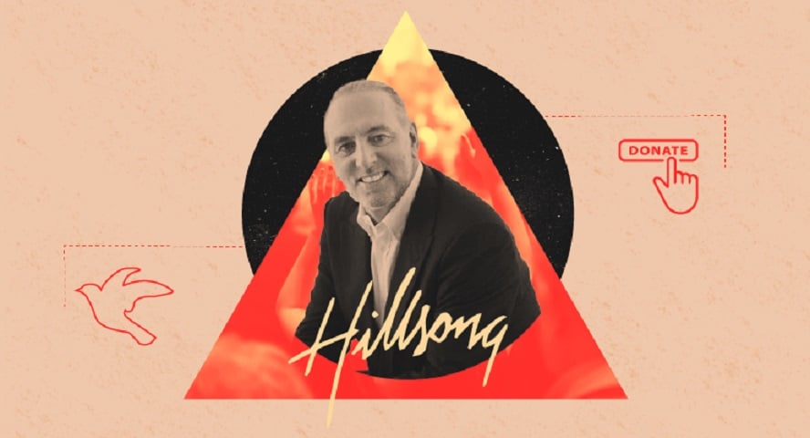 Hillsong - Brian Houston in orange triangle with fire, black sun, dove, donate