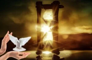 'The door will soon close' - Hourglass and white dove