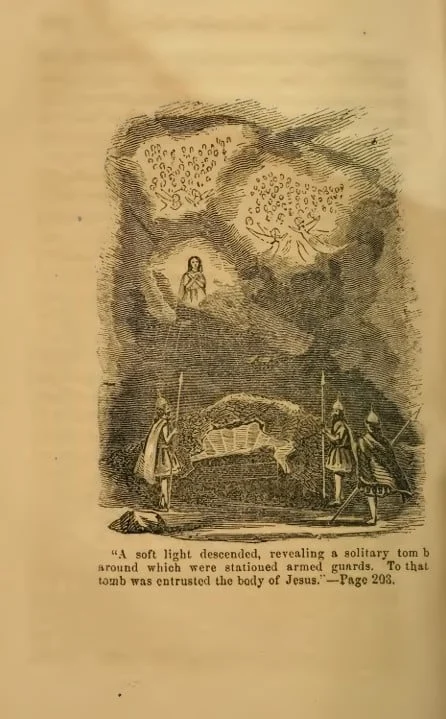 Jesus in the tomb with myriads of angels in the sky - Marietta Davis