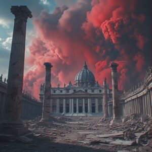 Future Vatican City destroyed, lots of smoke in the red sky, some statues in pieces - Verwoesting