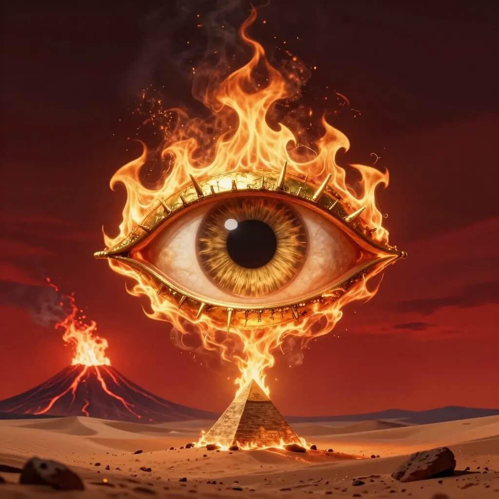 All-seeing eye in sky in the desert, capstone on fire - Een gouden oog in de woestijn - Alziend oog