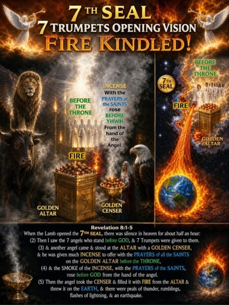 Poster for '7th Seal: 7 Trumpets Opening Vision — Fire Kindled!' depicting biblical imagery (angels, lion, beast, golden altars) and flames. It highlights incense, censer, and earth with a large world-fire graphic, plus scripture-style text at bottom.