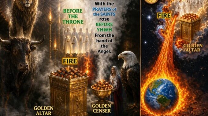 Poster for '7th Seal: 7 Trumpets Opening Vision — Fire Kindled!' depicting biblical imagery (angels, lion, beast, golden altars) and flames. It highlights incense, censer, and earth with a large world-fire graphic, plus scripture-style text at bottom.