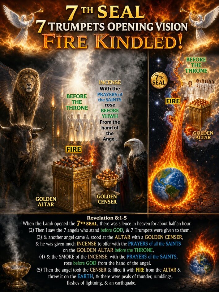 Poster for '7th Seal: 7 Trumpets Opening Vision — Fire Kindled!' depicting biblical imagery (angels, lion, beast, golden altars) and flames. It highlights incense, censer, and earth with a large world-fire graphic, plus scripture-style text at bottom.