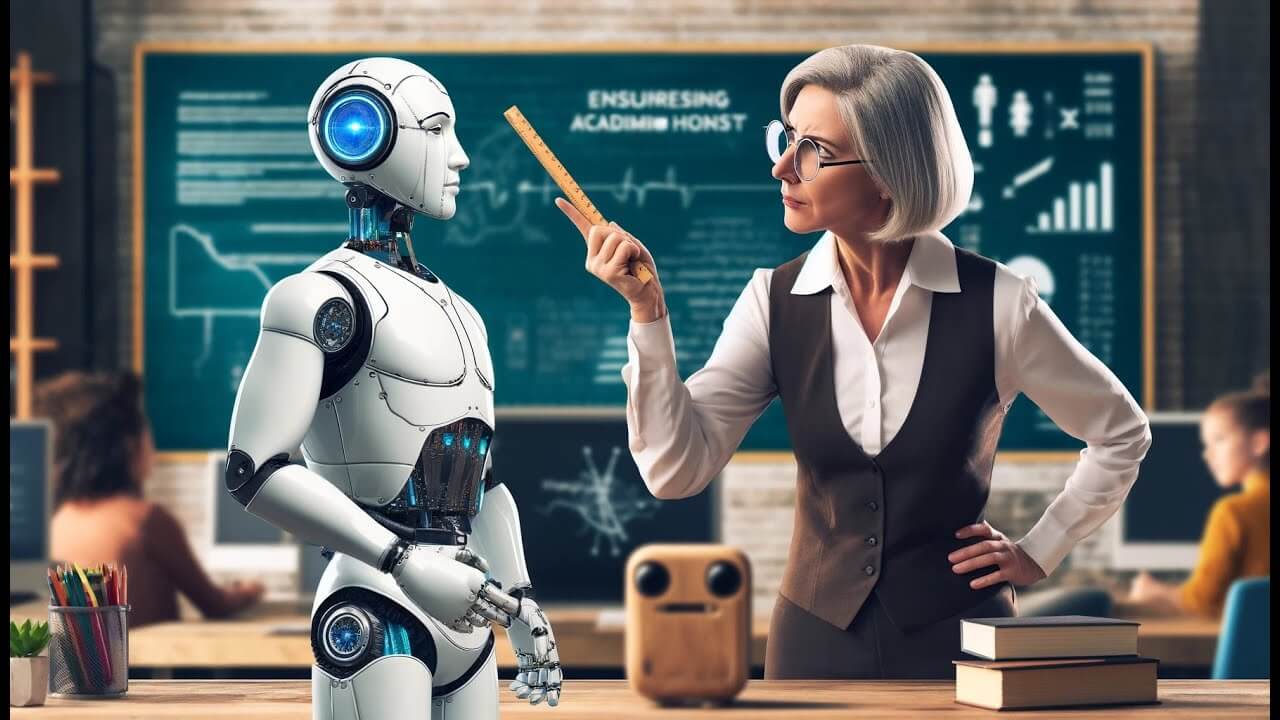 Teacher uses a ruler to point at a humanoid robot during a classroom lesson with a chalkboard in the background.