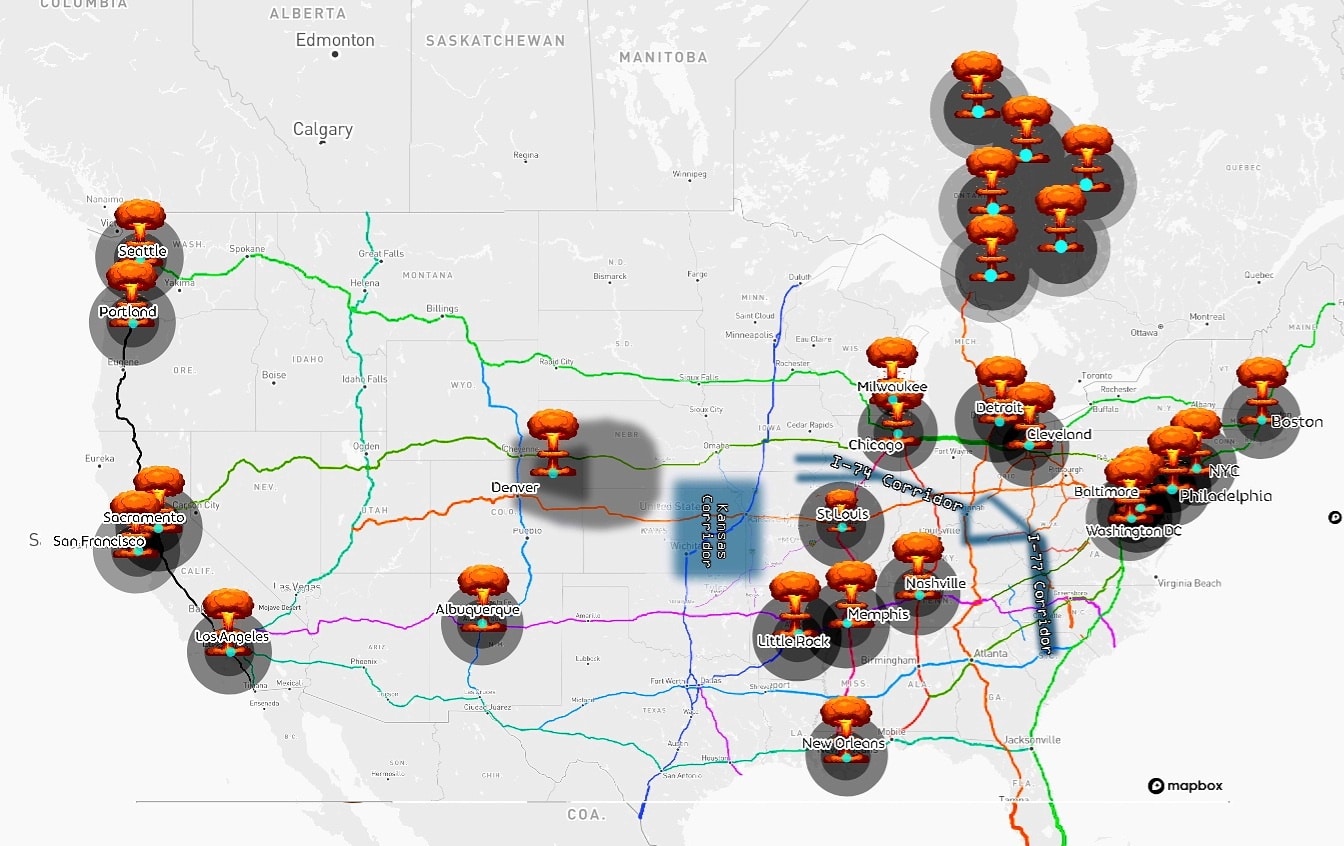 Map of where the Nuclear bombs fall - Amerikaanse steden