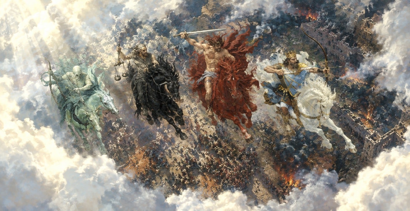 Five armored riders on galloping horses charge through clouds and smoke over a burning battlefield in an epic fantasy scene.